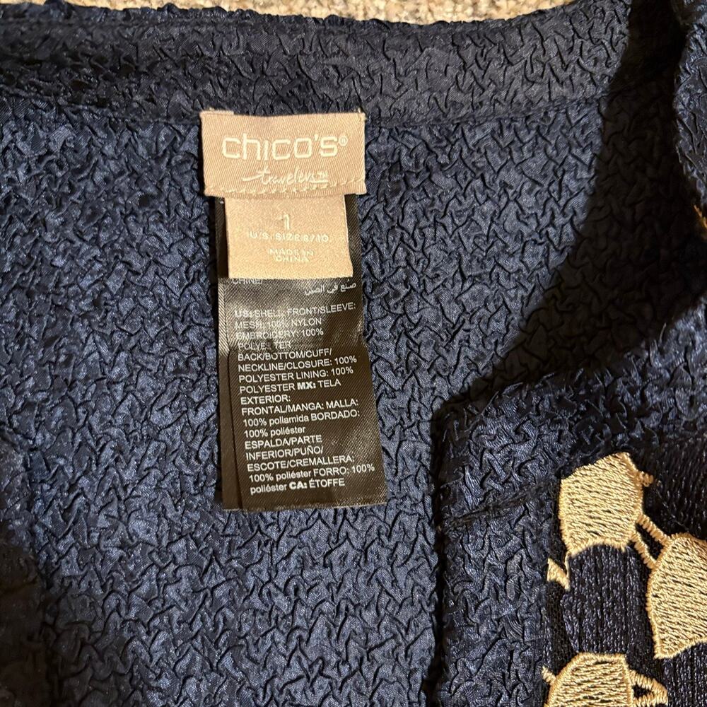 Chico’s Travelers Jacket Cardigan Women’s Sz 1 / L Navy Gold Embroidered Sheer - Picture 7 of 11
